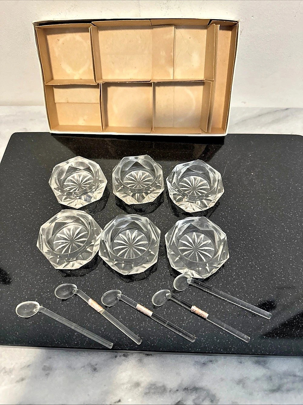 Vintage Clear Glass salt cellars with spoons